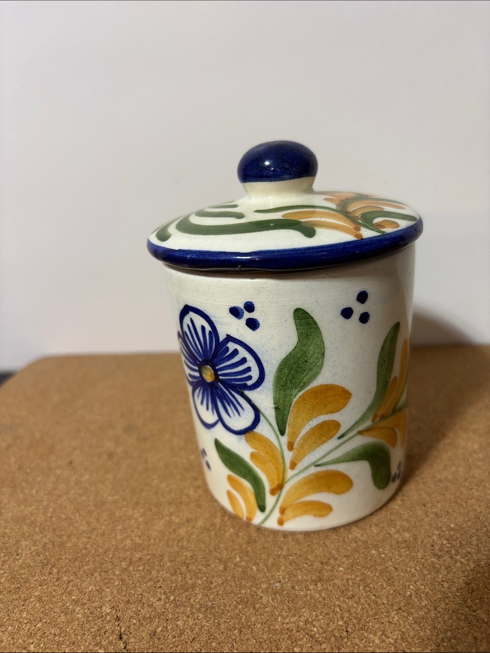 Hand-Painted Floral Ceramic Jar with Lid - Blue, Green & Yellow 5”